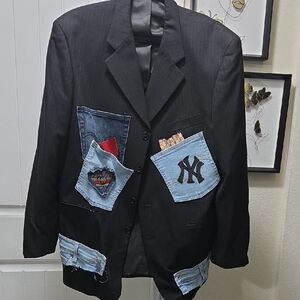 Black Blazer with Denim Patches